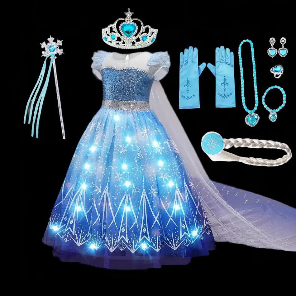 Monissy Déguisement Princesse Elsa Reine Des Neiges - Robe Bleue Dentelle Tulle Avec Diadème, Perruque, Gants Et Baguette Pour Halloween Et Anniversaire