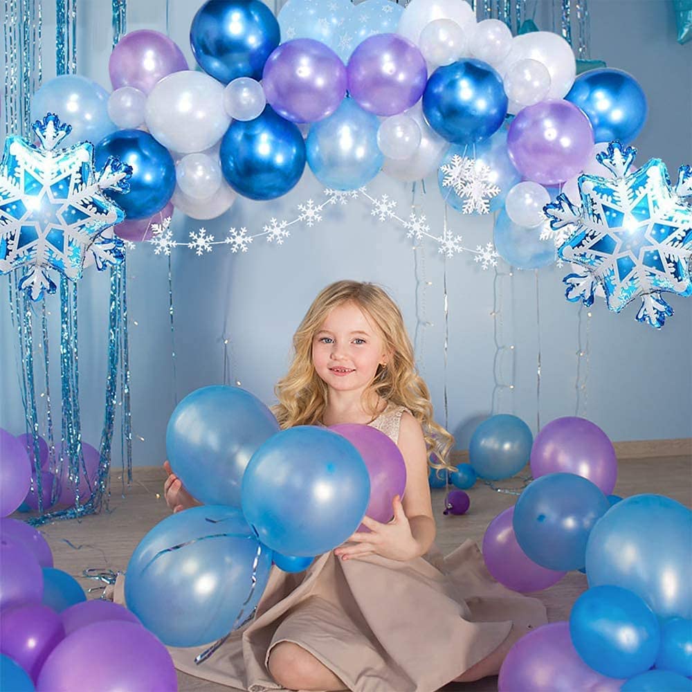 Kit Ballons Princesse 13 Pièces - Ballons Aluminium Helium Flocons Neige Et Cœurs Bleus