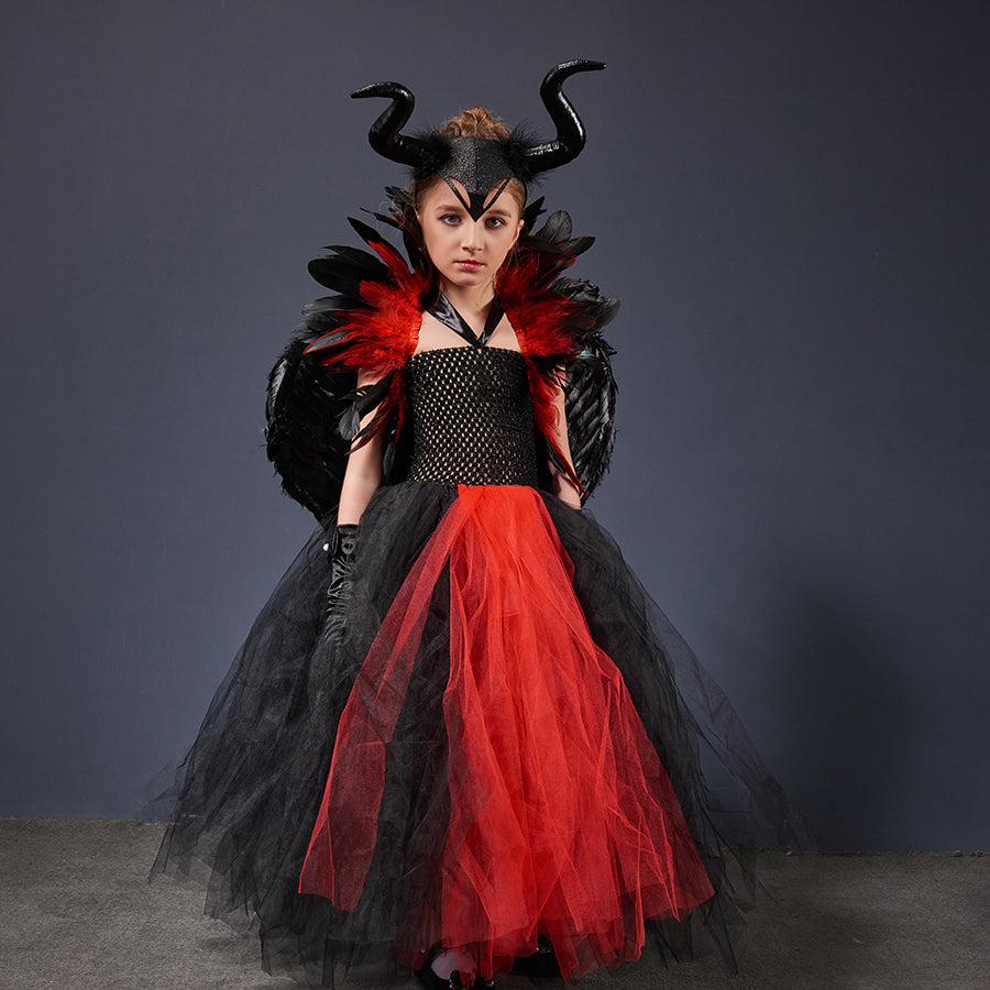 Costume Méchante Reine Sorcière Pour Fille - Ensemble 5 Pièces Avec Diadème Cornu, Ailes Et Manches Dentelle (Halloween, Carnaval) - 7